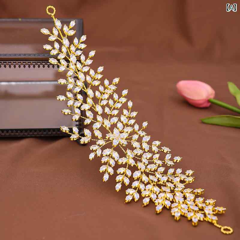 フロントップ楽天市場店のカチューシャ レディース ヘッドドレス ヘアバンド 髪飾り アクセサリー リーフモチーフ 葉 ジルコニア 豪華 高級感 エレガント 華やか 欧米風 結婚式 ブライダル ウェディング ゴールド シルバー 春夏 メッシュ｜アングル2