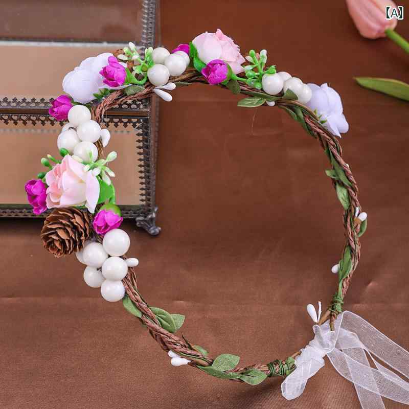 花冠 レディース 結婚式 ブライダル ウェディングドレス フェイクフラワー ヘアアクセサリー カチューシャ リゾート 前撮り 髪飾り ナチュラル 布製 ハンドメイド 韓国 華やか かわいい 春夏 2