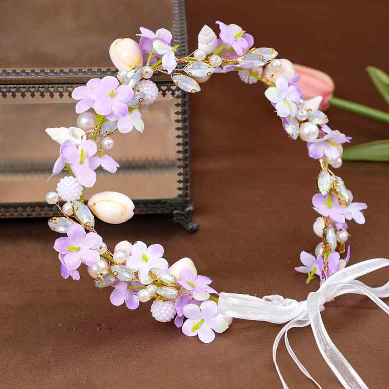 カチューシャ レディース ヘアバンド ヘッドドレス 髪飾り アクセサリー 花冠 ウェディング ブライダル 結婚式 披露宴 二次会 韓国 ハンドメイド 編み込み 貝殻 シェル 幻想的 かわいい 布製 白 紫 緑 春夏