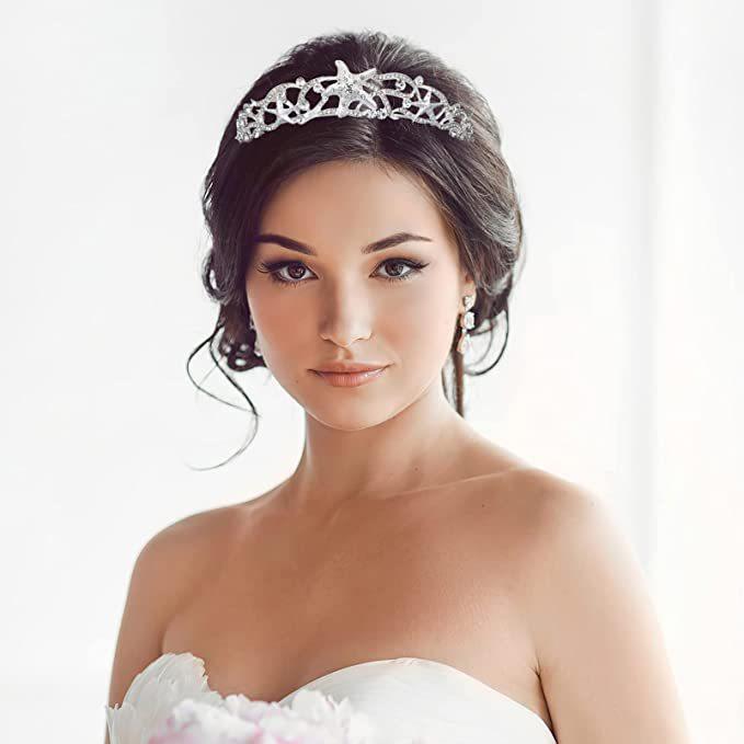 ティアラ レディース 王冠 クラウン ヘッドドレス シルバー カチューシャ ラインストーン スターフィッシュ 星 キラキラ ビジュー 電気メッキ加工 結婚式 ブライダル パーティー 秋冬 シンプル 高級感 華やか エレガント 合金