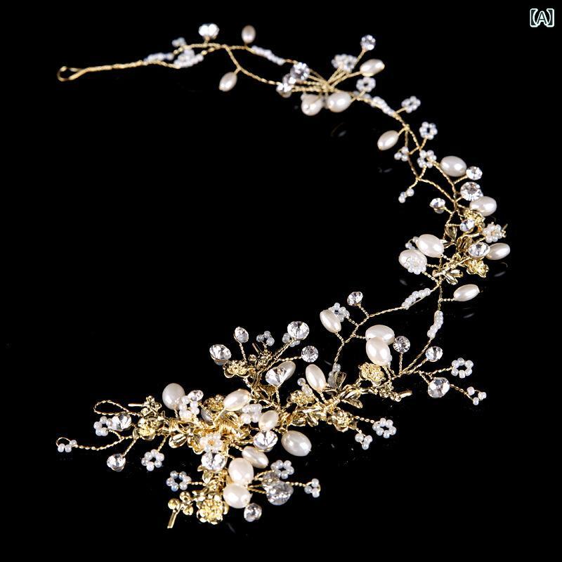 フロントップ楽天市場店のヘッドドレス レディース カチューシャ ヘアバンド 髪飾り 結婚式 ブライダル パーティー 花嫁 ウェディング 前撮り ハンドメイド 合金 パール ビーズ リーフ モチーフ リボン シンプル 上品 高級感 ゴールド シルバー｜アングル2
