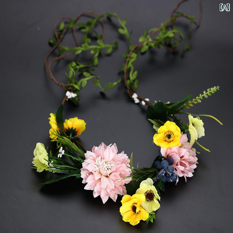 フロントップ楽天市場店の花冠 レディース ヘッドドレス ヘアアクセサリー カチューシャ 髪飾り 結婚式 前撮り 二次会 ブライダル 春夏 ナチュラル かわいい 布 フラワー ボタニカル ホワイト パープル イエロー 華やか リゾート｜アングル2