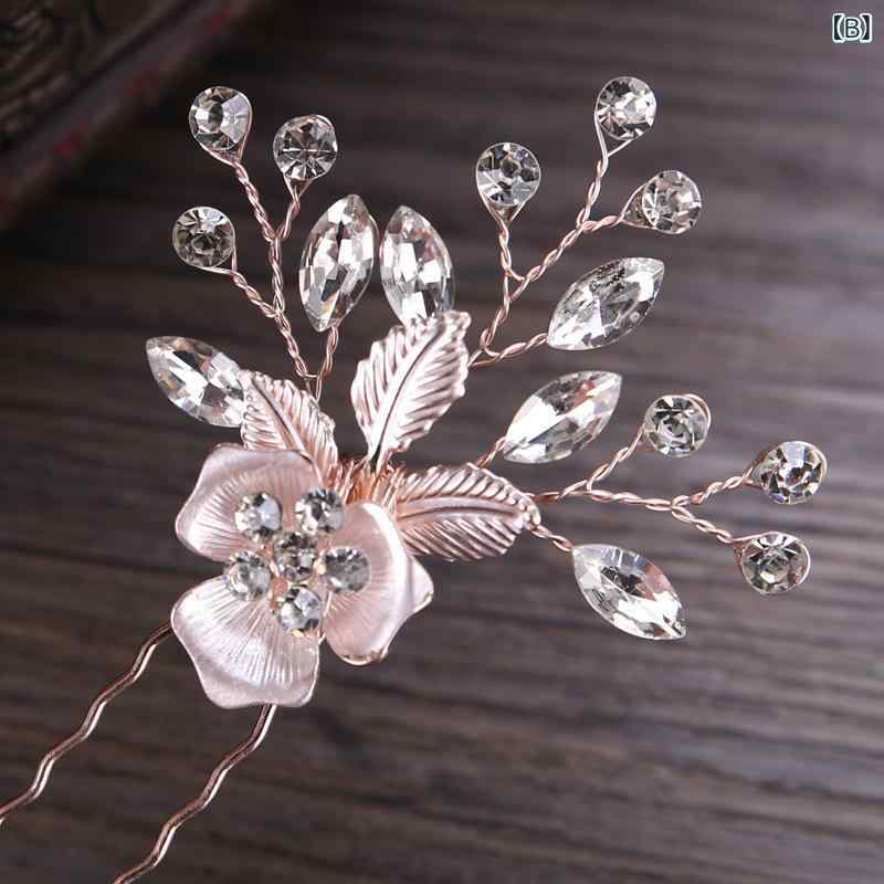 フロントップ楽天市場店のかんざし レディース 結婚式 披露宴 パーティー ヘアアクセサリー 髪飾り コーム ヘッドドレス ブライダル 花嫁 欧米風 華やか 上品 エレガント 合金 エナメル 電気メッキ加工 高級感 シルバー ピンクゴールド｜アングル3