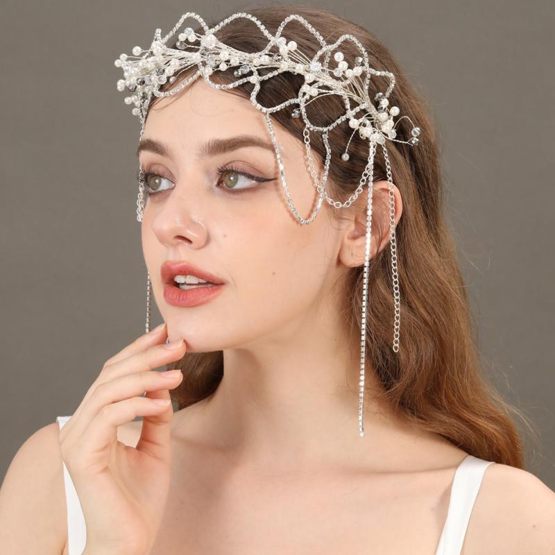 カチューシャ レディース ブライダル ウェディング 結婚式 ヘッドドレス ヘアアクセサリー 髪飾り 花嫁 ハンドメイド ラインストーン ビーズ フリンジ タッセル 豪華 披露宴 前撮り 波型 シルバー 韓国 春夏