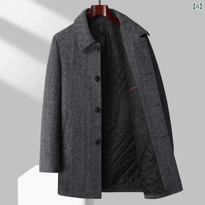 Rakuten - コート メンズ ウール混 メルトン テーラードカラー アウター 紳士服 50代 厚手 中綿入り 防寒着 暖かい ストライプ柄 縦縞 ボタン ビジネス 通勤 普段使い 秋冬 上着 グレー ブラック