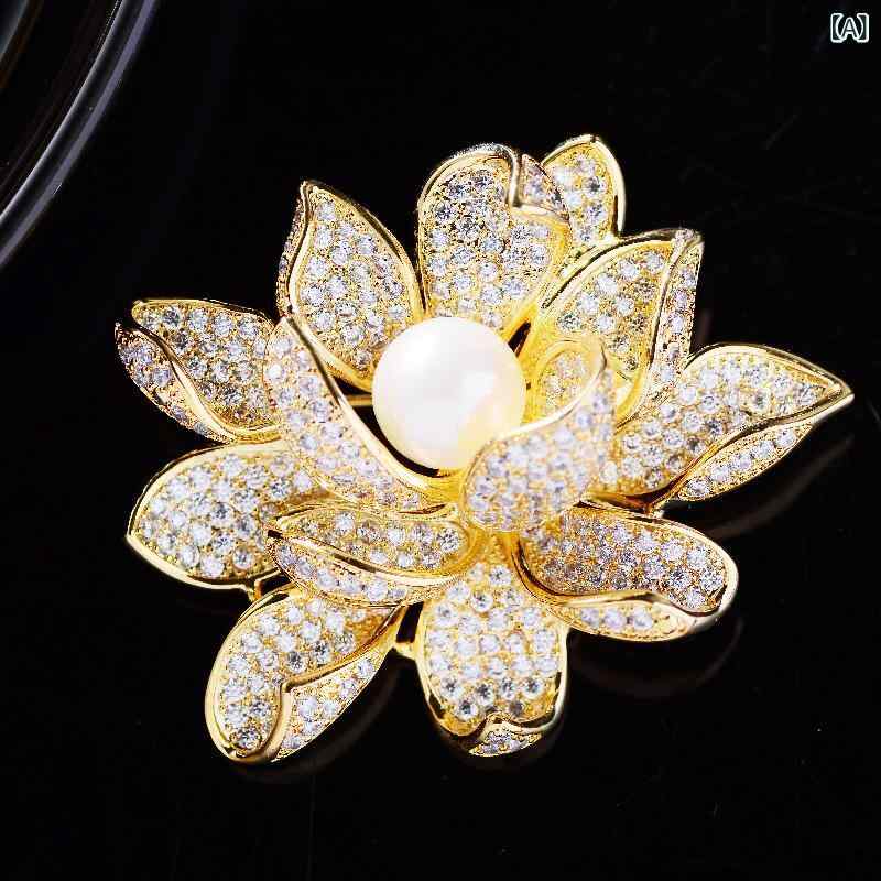 ブローチ レディース 蓮の花 パール ジルコニア フラワー 電気メッキ加工 エレガン...