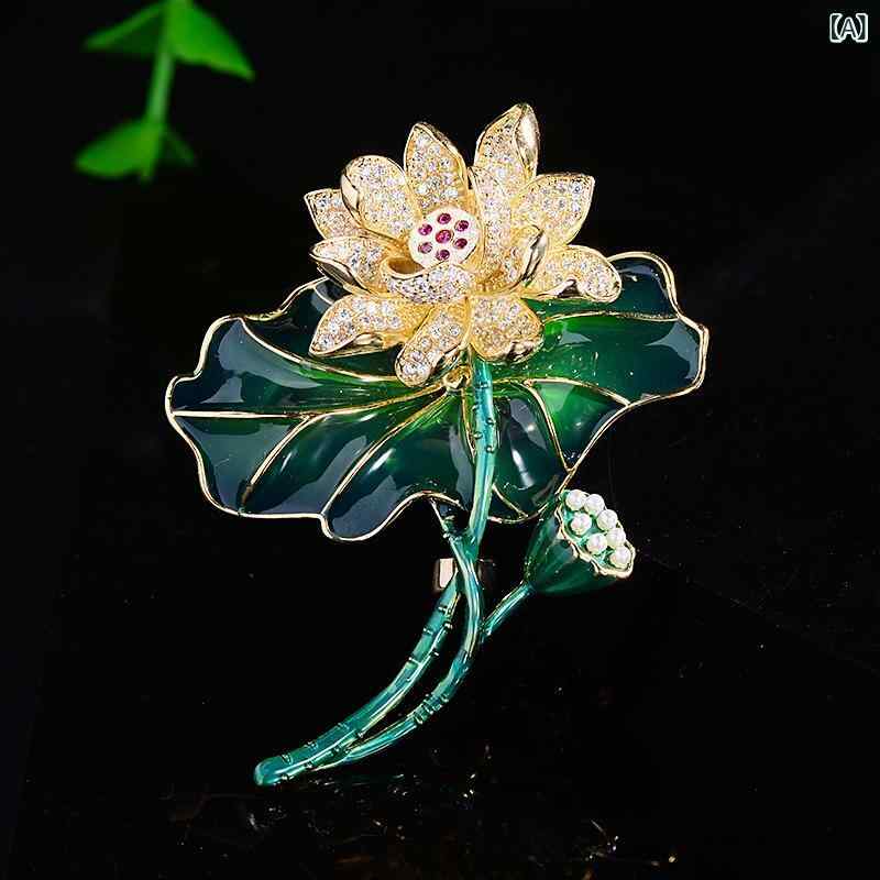 ブローチ レディース ヴィンテージ風 蓮の花 エナメル 手描き ジルコニア チャイナスタイル エレガント 高級感 緑 銅 電気メッキ加工 秋冬 通勤 結婚式 スーツ コート アクセサリー 胸飾り コサージュ 上品 華やか 2