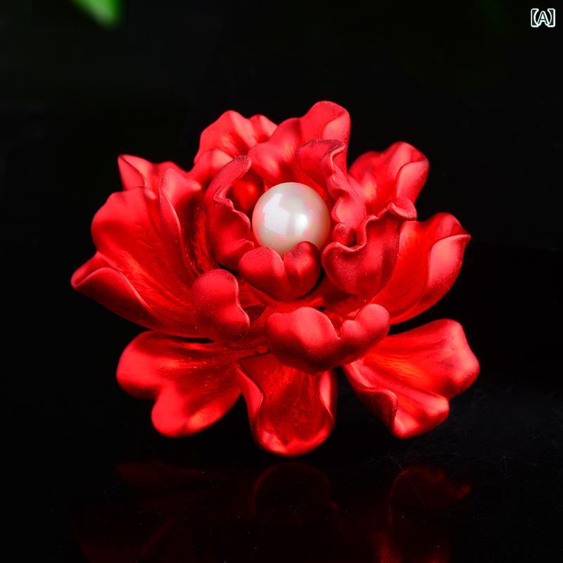 ブローチ レディース 牡丹 ぼたん 花 フラワー 赤 レッド ヴィンテージ風 レトロ ...