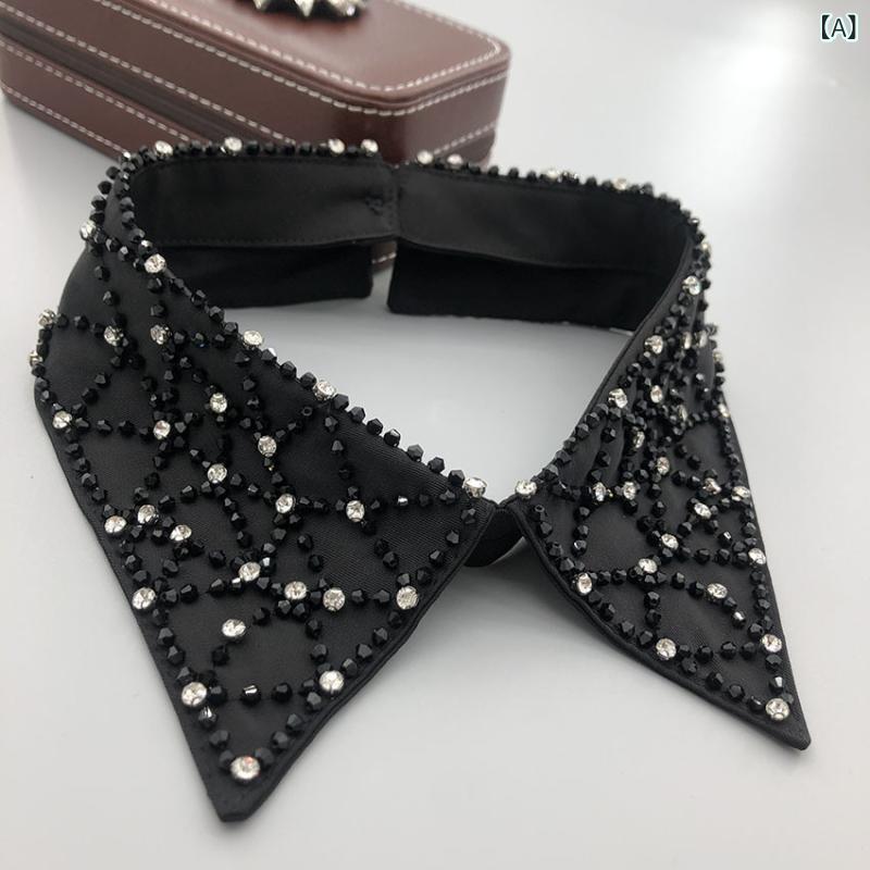 フロントップ楽天市場店の付け襟 レディース ひし形 パール ビジュー ハンドメイド ビーズ レトロ ヴィンテージ風 秋冬 おしゃれ かわいい 上品 きれいめ 華やか レイヤード 重ね着 ニット ワンピース 通勤 ブラック ホワイト ポリエステル｜アングル2