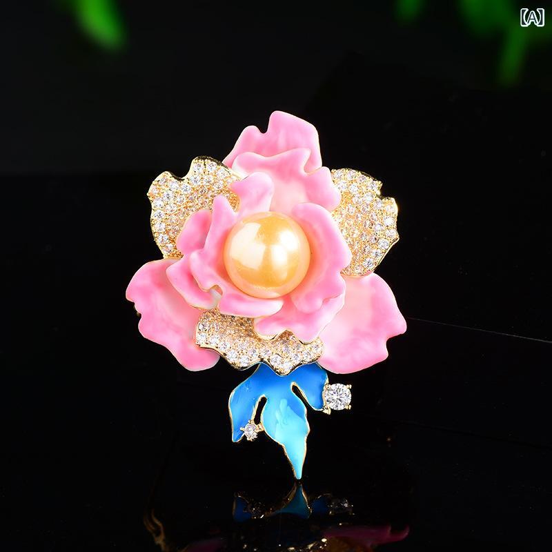 フロントップ楽天市場店のブローチ レディース 牡丹 花 コサージュ チャイナドレス 和装 エナメル ジルコニア ピンク 高級感 エレガント 上品 華やか 胸飾り ピン アクセサリー 銅製 電気メッキ加工 フォーマル パーティー 結婚式 春夏｜アングル2