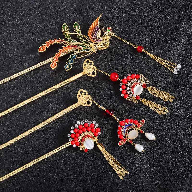 かんざし レディース ヘアアクセサリー 髪飾り モダンチャイナ風 中華風 銅製 ゴールド 七宝焼き フリンジ タッセル 揺れる ぶら下がり 鳳凰 京劇 高級感 古風 華やか 浴衣 着物 成人式 卒業式 結婚式 秋冬