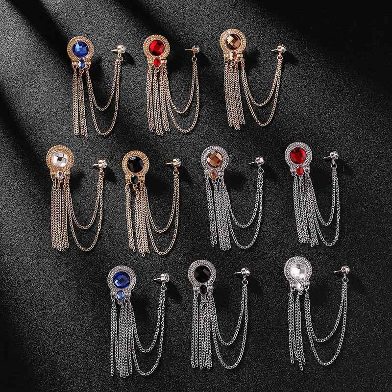 ブローチ メンズ ラグジュアリー スーツ ジャケット アクセサリー 高級感 ストーン タッセル チェーン 結婚式 発表会 ステージ 合金 ゴールド シルバー ラペルピン 襟飾り ジュエリー 紳士 男性 フォーマル クール