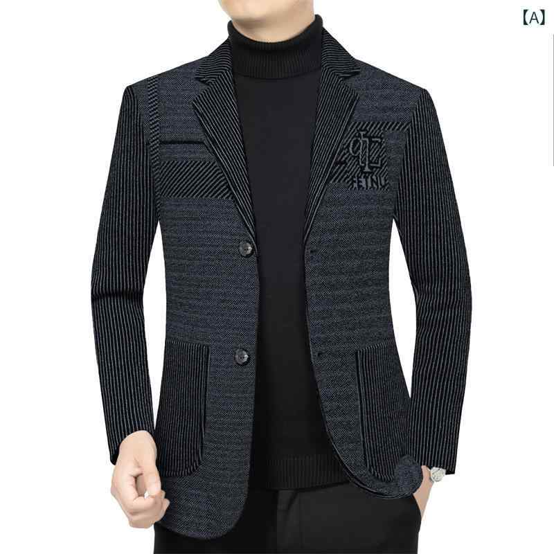Rakuten - テーラードジャケット メンズ ウール混 裏起毛 厚手 ブレザー 紳士服 ビジネス 通勤 普段使い 40代 アウター 秋冬 コート ストライプ スリム 通気性 防風 ボタン イージーケア ブルーグレー ブラウン