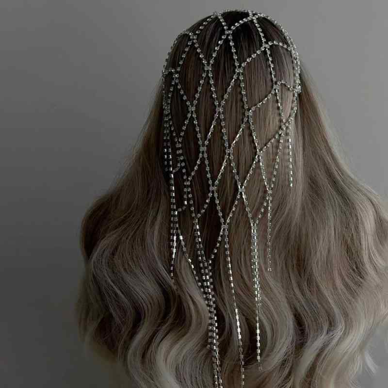 ヘアアクセサリー レディース ヘアチェーン ヘッドドレス カチューシャ ラインストーン フリンジ メッシュ キラキラ 華やか パーティー 結婚式 二次会 電気メッキ加工 シルバー ゴールド 髪飾り エレガント 秋冬