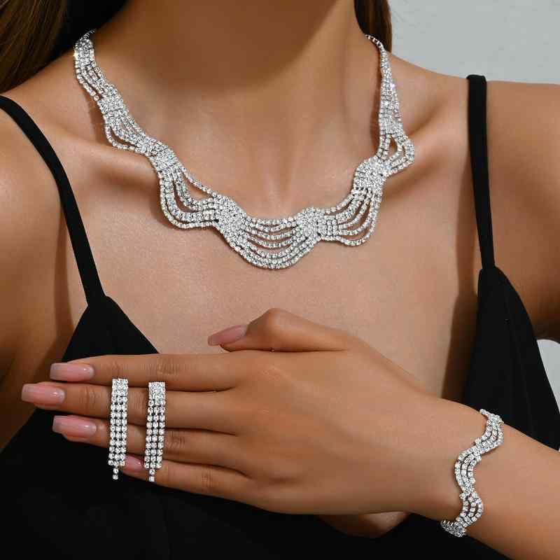 Ladies' Jewelry Set: Necklace, Earrings, and Bracelet - 3-piece set for weddings, receptions, and parties. Features include tassels, wave design, dangling zirconia and rhinestones, electroplated gold and silver finishes. A luxurious spring/summer style.