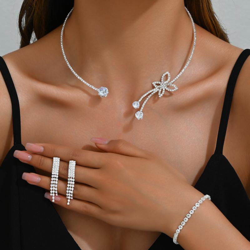 Ladies' Jewelry Set: Necklace, Earrings, and Bracelet (3-piece set) - Butterfly design, rhinestones, cubic zirconia, electroplated finish, fringe, tassel, European style, glamorous, luxurious, sparkling, perfect for weddings, bridal parties, and receptions. Available in gold and silver.