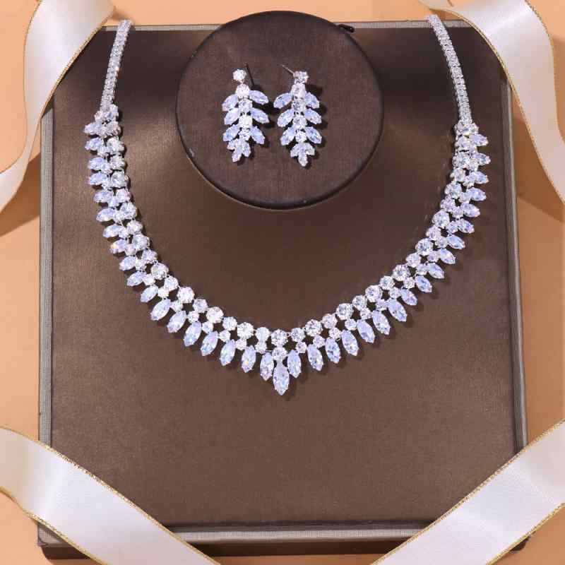 Ladies' Jewelry Set: Necklace and Earrings with Zirconia, Silver, Luxurious, Bridal, Wedding, Reception, Formal, Flower Motif, Box Chain, Elegant, Glamorous, Sparkling, and Luxurious.