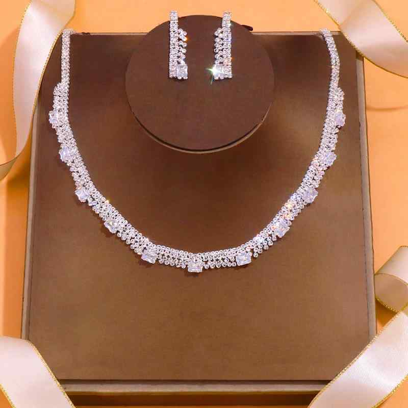 Ladies' Jewelry Set: Earrings and Necklace (2 pieces) - Zirconia, Perfect for Weddings, Bridal Parties, Formal Occasions, Elegant and Glamorous Silver Accessories with Sparkling Bijou, Square and Geometric Design, Electroplated Finish