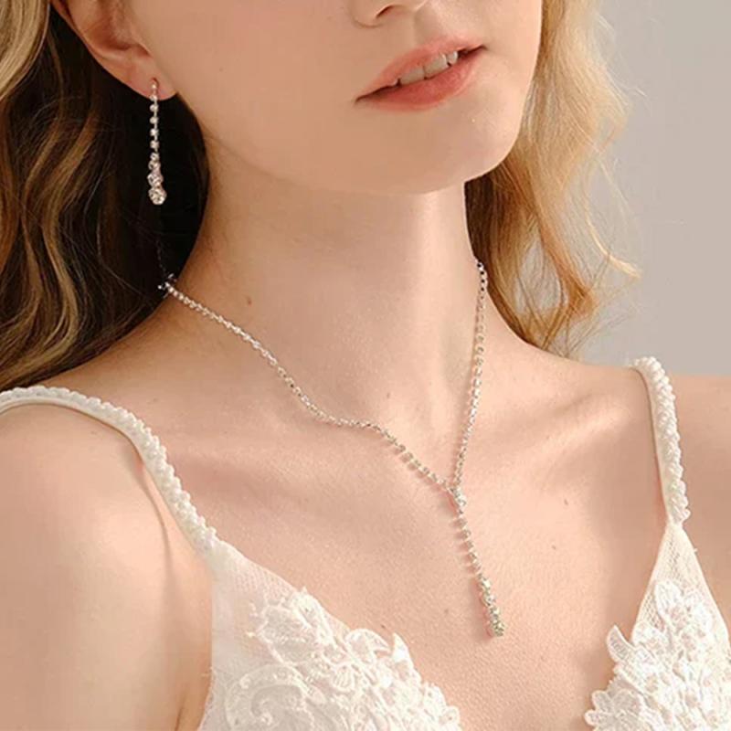 Jewelry Set for Women: Necklace and Earrings with Rhinestones, Electroplated, Round Box Chain. Perfect for Weddings, Parties, Receptions, Formal Occasions. Simple, Elegant, and Sparkling. Available in Green, Purple, and Blue.