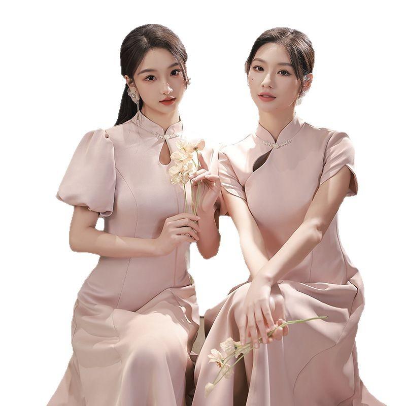 樂天商城 - ロングドレス レディース パーティードレス チャイナドレス風 ブライズメイド ワンピース 結婚式 披露宴 二次会 お呼ばれ 小柄 サテン 上品 高級感 シンプル 立ち襟 パフスリーブ 半袖 普段使い グレー ピンク 春夏 ヴィンテージ風