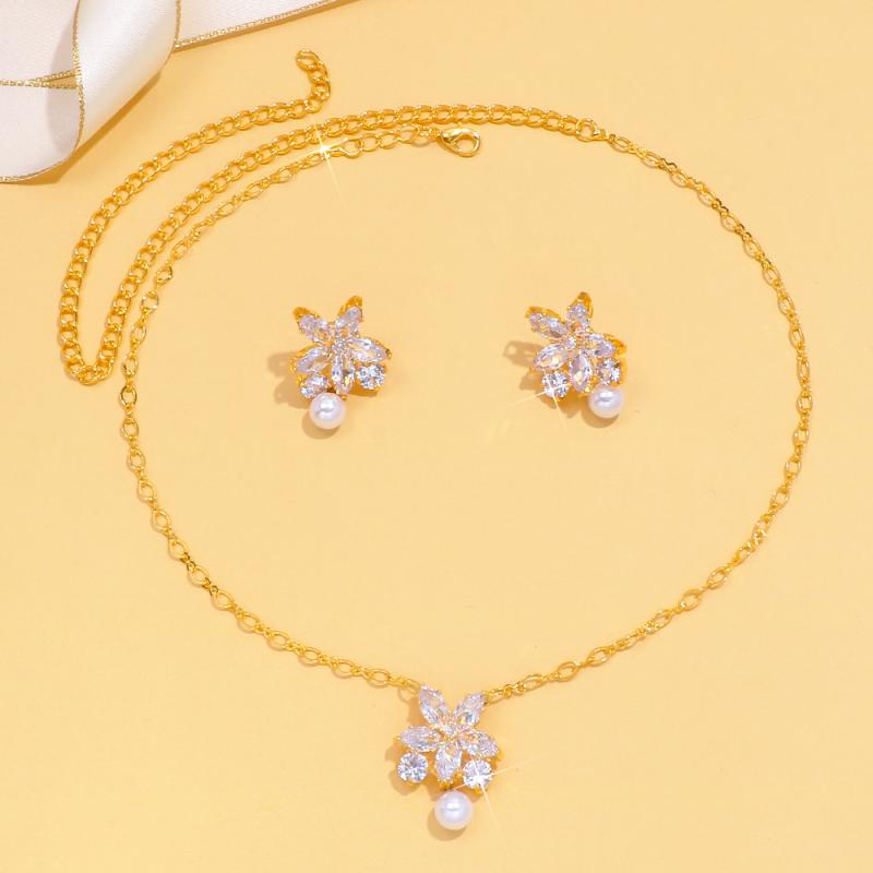 Pearl - アクセサリーセット レディース ネックレス ピアス ジルコニア パール 2点 フラワー 花 モチーフ ボックスチェーン 高級感 電気メッキ加工 欧米風 エレガント シンプル 結婚式 披露宴 パーティー ゴールド シルバー