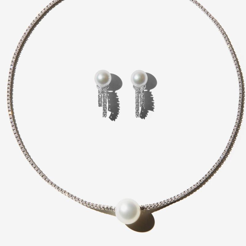 Coral Pink - ネックレス レディース ピアス セット アクセサリー パール 結婚式 ウェディング パーティー 高級感 ジルコニア ラインストーン 幾何学 欧米風 ゴールド シルバー 電気メッキ加工 シンプル オールシーズン
