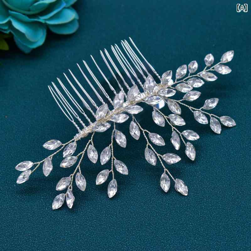 フロントップ楽天市場店のヘッドドレス レディース ヘアアクセサリー コーム 髪飾り ブライダル ウェディング 結婚式 ラインストーン ハンドメイド リーフ 葉 モチーフ キラキラ 上品 華やか 小枝 シルバー ゴールド クリスタル ジルコニア｜アングル2