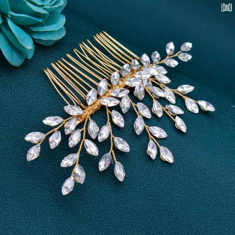 フロントップ楽天市場店のヘッドドレス レディース ヘアアクセサリー コーム 髪飾り ブライダル ウェディング 結婚式 ラインストーン ハンドメイド リーフ 葉 モチーフ キラキラ 上品 華やか 小枝 シルバー ゴールド クリスタル ジルコニア｜アングル3