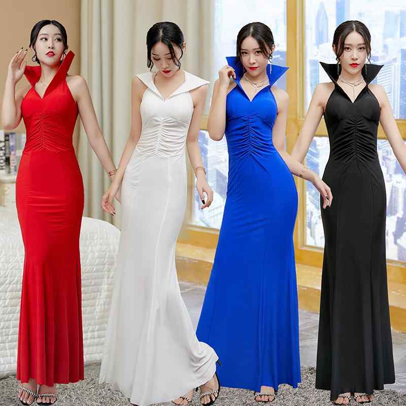 ロングドレス レディース 30代 セクシー キャバ 宴会 ステージ マキシ丈 スタンドカラー ノースリーブ 深Vネック 上品 エレガント 高級感 秋冬 アセテート繊維 ポリエステル ホワイト レッド ブラック