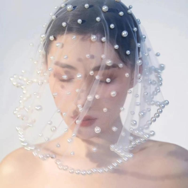 ウェディングベール レディース パール 髪飾り ヘアアクセサリー ショート丈 ブライダル 結婚式 披露宴 チュール メッシュ フェイスアップ 白 アイボリー 撮影用 フォトプロップス 前撮り セルフフォト 高級感 韓国 欧米風