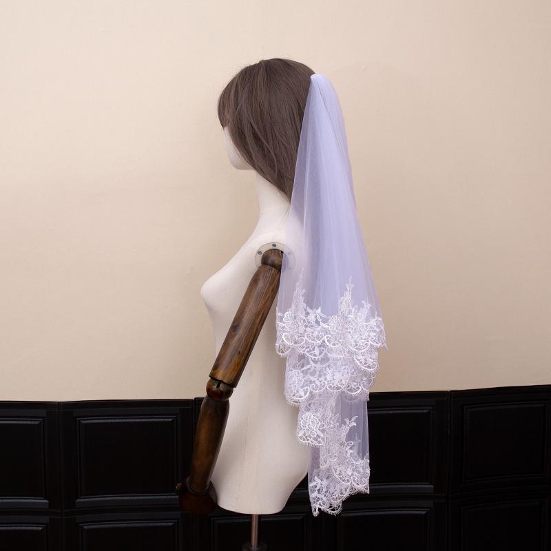 ウエディングベール レディース ショート 2段 肘丈 レース チュール 刺繍 花嫁 ブライダル 結婚式 披露宴 前撮り ヘッドドレス ヘアアクセサリー 髪飾り ハンドメイド 森ガール風 ホワイト アイボリー 金属製コーム 春夏 シンプル 上品 華やか 清