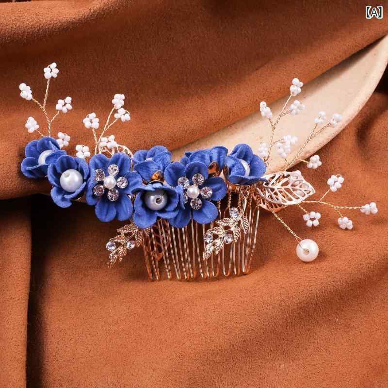 ヘアアクセサリー レディース コーム ヘッドドレス 欧米風 ゴールド リーフ ハンドメイド ブライダル ウェディング 結婚式 披露宴 フラワー 花 アップスタイル まとめ髪 華やか 上品 パーティー ブルー ピンク ホワイト 合金 2