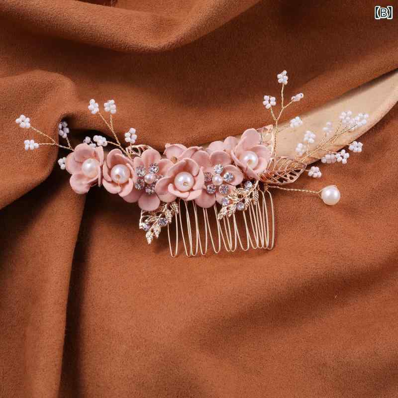 ヘアアクセサリー レディース コーム ヘッドドレス 欧米風 ゴールド リーフ ハンドメイド ブライダル ウェディング 結婚式 披露宴 フラワー 花 アップスタイル まとめ髪 華やか 上品 パーティー ブルー ピンク ホワイト 合金 3