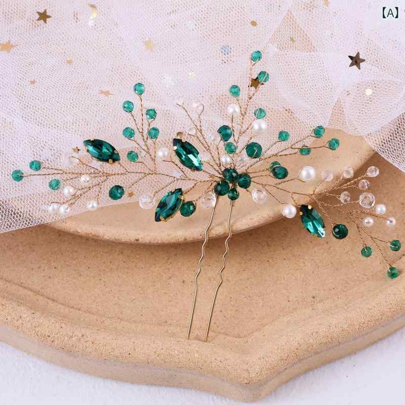 ヘアアクセサリー レディース かんざし Uピン 髪飾り ヘッドドレス エメラルド クリスタル ビジュー 緑 花 フラワー モチーフ 合金 手編み 風 結婚式 ブライダル 披露宴 着物 シンプル 華やか 高級感 エレガント 2