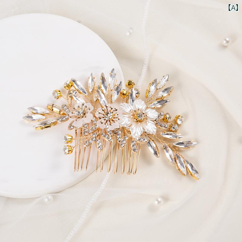 フロントップ楽天市場店のヘアアクセサリー レディース ヘッドドレス 髪飾り ヘアコーム 結婚式 披露宴 パーティー パール ラインストーン クリスタル ビジュー リーフ フラワー ハンドメイド 欧米風 エレガント 華やか 上品 合金 大人 かわいい｜アングル2