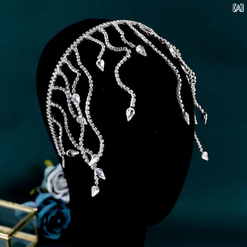フロントップ楽天市場店のヘッドドレス レディース カチューシャ ヘアバンド 髪飾り 結婚式 ブライダル パーティー フォーマル 合金 ジルコニア ラインストーン ビジュー フラワー チェーン シルバー 欧米風 秋冬 エレガント 上品｜アングル2