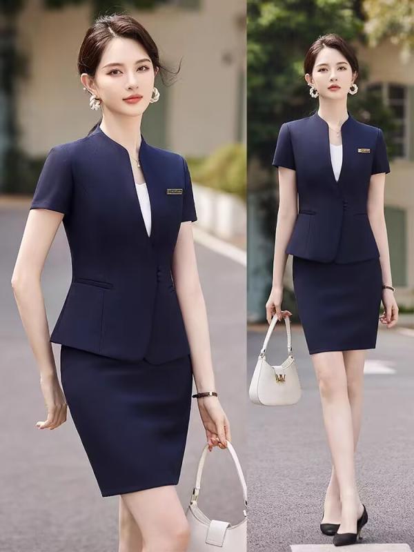 樂天商城 - セットアップ レディース スーツ 事務服 制服 春夏 半袖 スカート ユニフォーム 美容室 ホテル 受付 通勤 オフィス ビジネス きれいめ 上品 エレガント スリム タイト 膝丈 ポリエステル レーヨン ブルー ブラック グレー