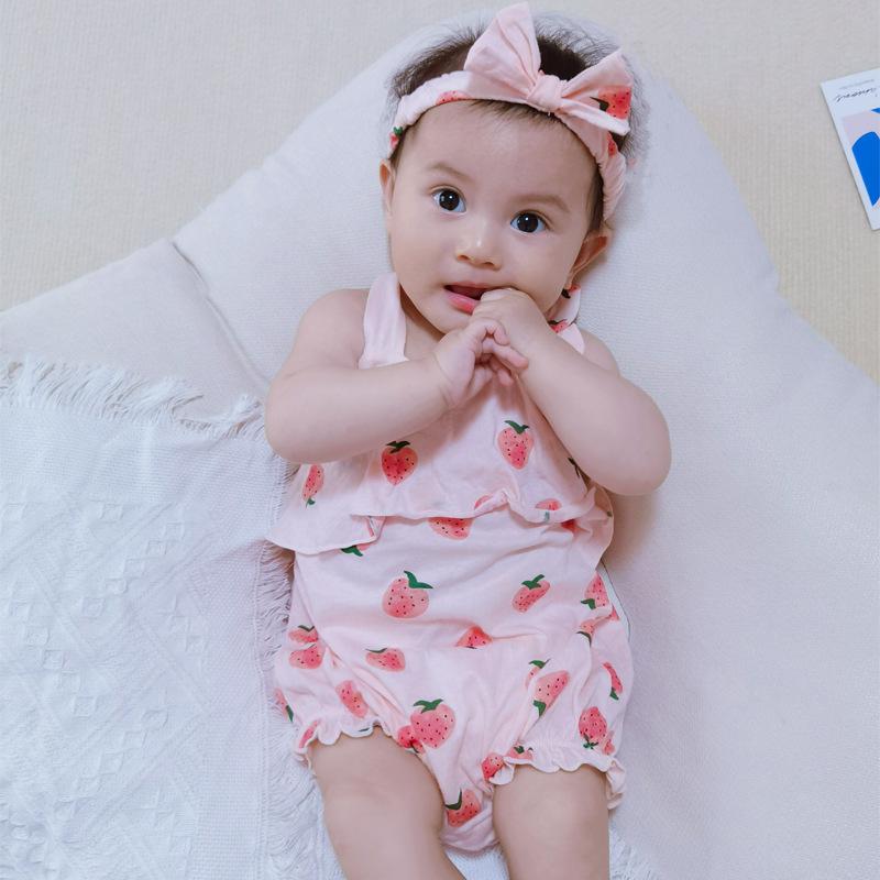 ロンパース ベビー 女の子 赤ちゃん 新生児 夏 綿 コットン かわいい いちご柄 ノースリーブ キャミソール カバーオール 肌着 つなぎ 薄手 柔らかい 通気性 快適 ピンク ホワイト スイート ガーリー 普段着 お出かけ 部屋着