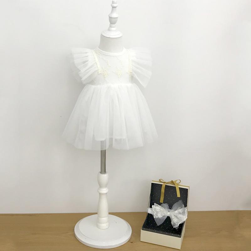 ワンピース ベビー 女の子 子供服 赤ちゃん 春夏 白 レース プリンセス ドレス 誕生日 お宮参り 結婚式 フォーマル コットン 綿 ノースリーブ Aライン かわいい 上品 柔らかい チュール