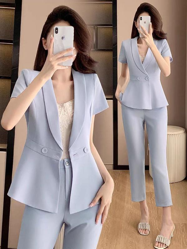 スーツ レディース セットアップ 春夏 半袖 テーラードジャケット 事務服 通勤 受付 美容院 エステ クリニック 制服 ユニフォーム テーパードパンツ 九分丈 アンクル丈 スカート 薄手 涼しい きれいめ 上品 エレガント ポリエステル ブルー アプリ