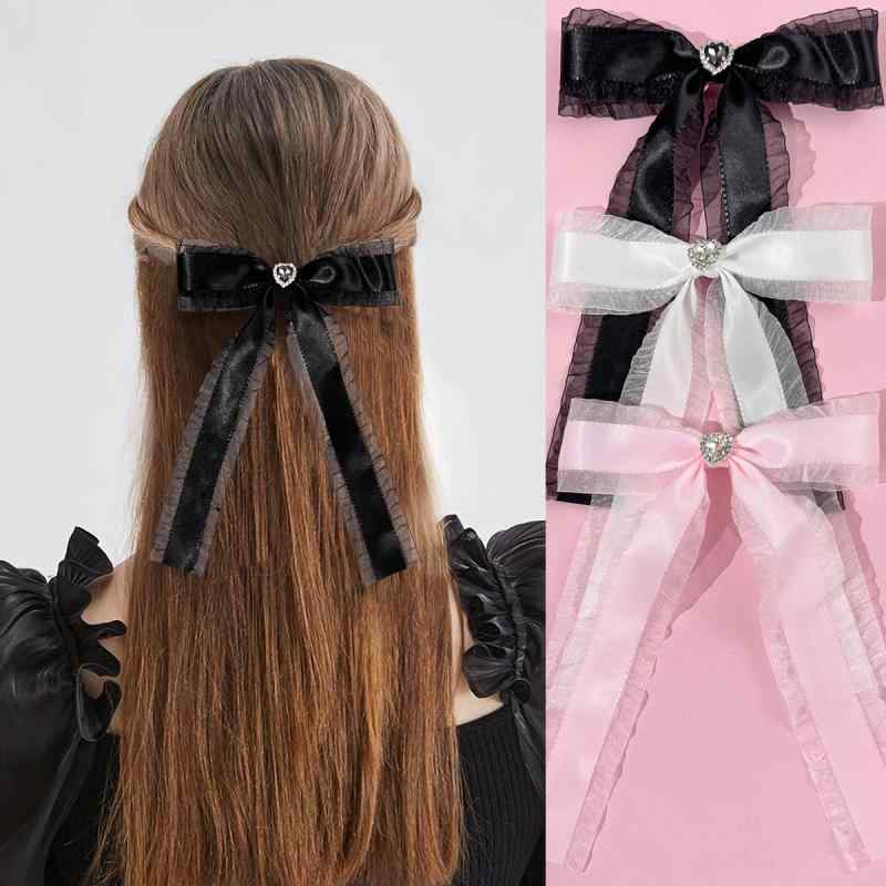樂天商城 - ヘアクリップ レディース 蝶結び ハート レース フリル ロングリボン スイート 少女 かわいい シンプル チュール ハンドメイド ブラック ピンク ホワイト 春夏 髪留め バレッタ アクセサリー 普段使い デート