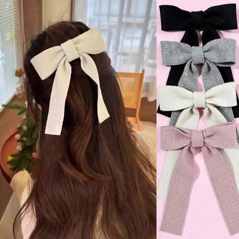 乐天商城 - ヘアクリップ レディース ロングリボン 髪飾り ダッカール バレッタ ハーフアップ 上品 大人かわいい フェミニン ヴィンテージ風 高級感 秋冬 ハンドメイド 普段使い 結婚式 パーティー 韓国 布製 黒 ピンク グレー
