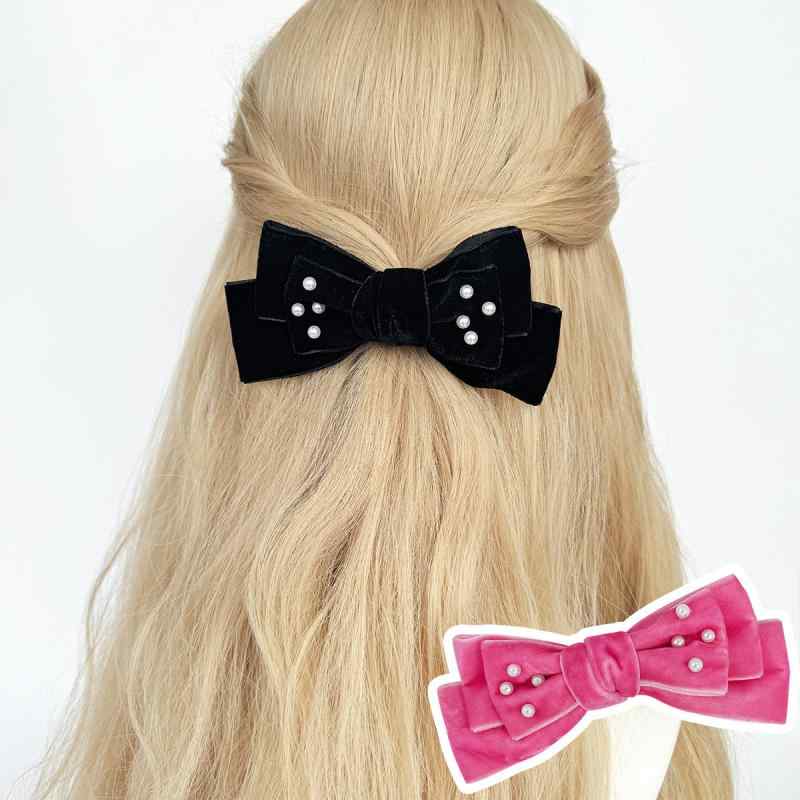 ヘアクリップ レディース リボン ベロア パール フレンチ レトロ ヴィンテージ風 エレガント 上品 髪留め 髪飾り アクセサリー バレッタ 大人 かわいい 春夏 黒 ローズレッド 通勤 まとめ髪 高級感
