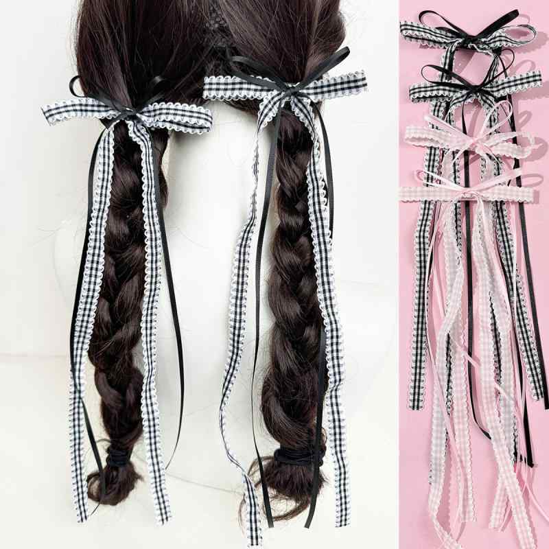 Rakuten - ヘアクリップ レディース アクセサリー 髪飾り リボン 蝶結び チェック柄 ロング バレッタ ツインテール 編み込み アレンジ スイート かわいい フェミニン ハンドメイド 春夏 黒 ピンク 普段使い 通学 バレエ