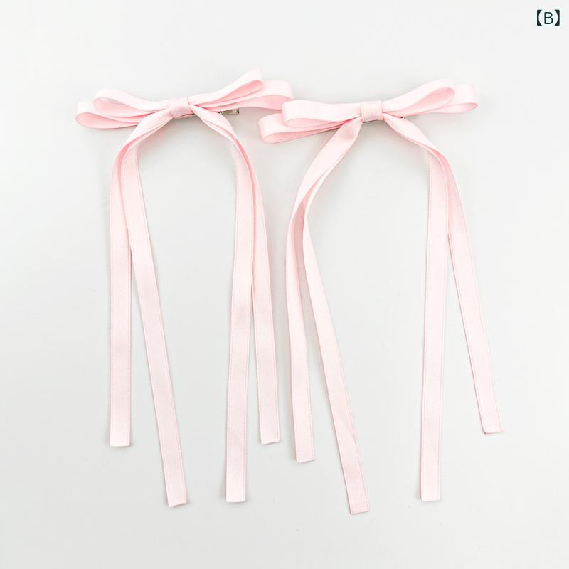 ヘアクリップ レディース ロングリボン ダッカール 髪飾り アクセサリー かわいい スイート フェミニン 秋冬 韓国 ツインテール サイド留め 左右セット サテン素材 ハンドメイド 編み込み ブラック ピンク ブルー 3