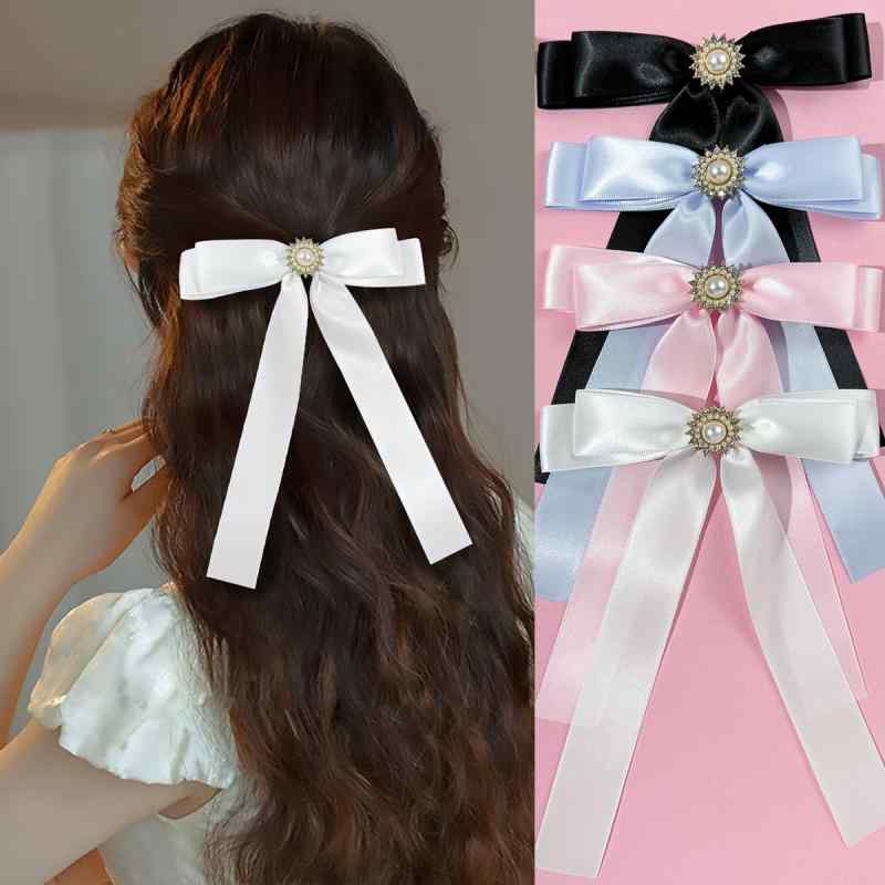 樂天商城 - ヘアクリップ レディース ロングリボン バレッタ ジルコニア パール フレンチ エレガント バレエコア かわいい 秋冬 ブラック ピンク ホワイト ダッカール ハーフアップ 上品 華やか アクセサリー