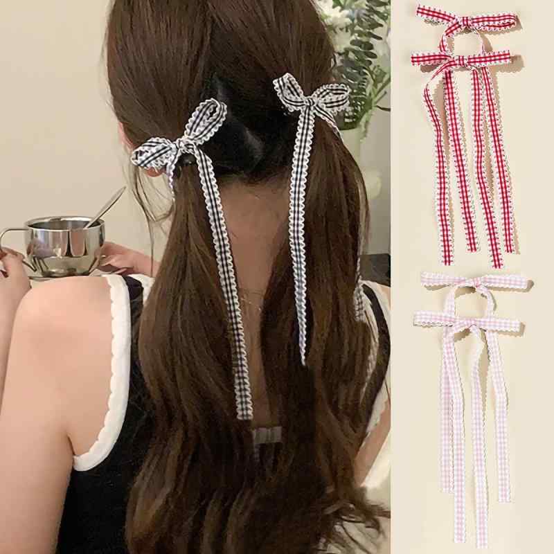 ヘアアクセサリー レディース バレッタ 髪飾り チェック柄 ロングリボン バレエ風 スイート かわいい 清楚 ガーリー フェミニン ダッカールクリップ ハンドメイド 秋冬 ブラック ピンク レッド 普段使い お出かけ 発表会