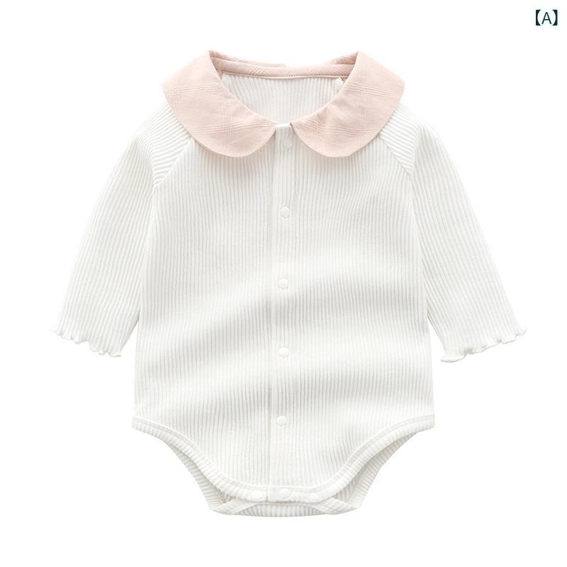 ロンパース 女の子 カバーオール ベビー 新生児服 ドールカラー 丸襟 長袖 前開き ボタン コットン 綿 柔らかい 肌触り 伸縮性 通気性 韓国 おしゃれ かわいい 出産祝い 普段使い 部屋着 ホワイト ピンク 秋冬 2