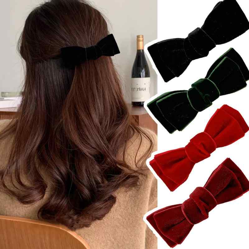 ヘアクリップ レディース 髪留め リボン ベロア バレッタ かわいい 上品 エレガント ヴィンテージ風 レトロ フォーマル 秋冬 ブラック ワインレッド ダークグリーン アクセサリー ダッカール(4.0)