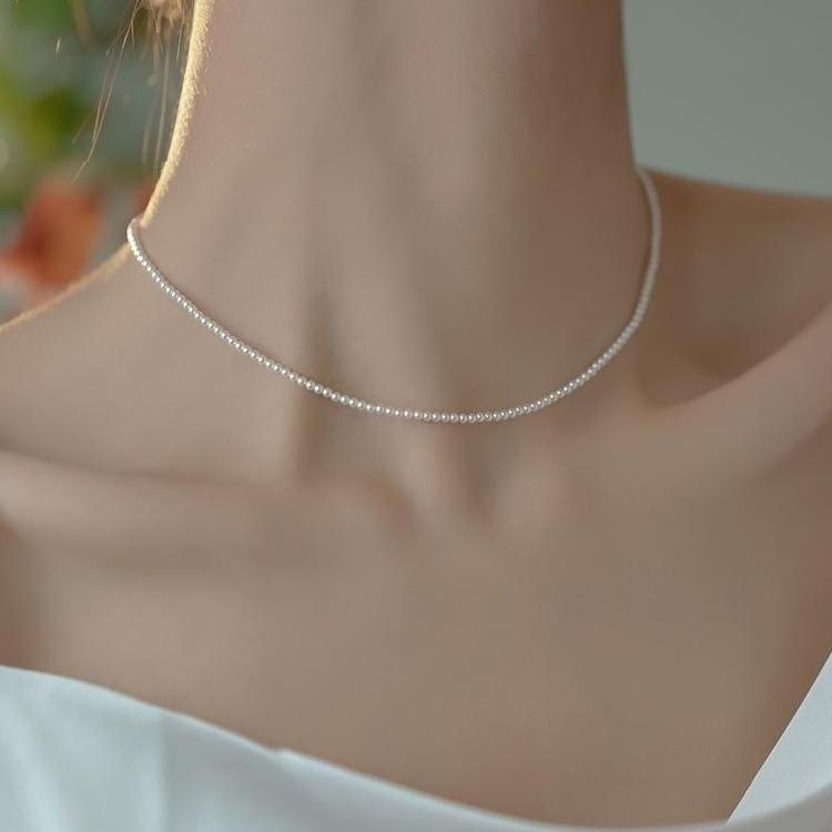 Rhinestone - ネックレス レディース パール アクセサリー 極細 ラウンド 高級感 フレンチスタイル チョーカー シルバー ハンドメイド 清楚 上品 華奢 フェイクパール 結婚式 パーティー 普段使い フォーマル 春夏 ホワイト 2mm